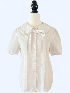 DAZY Peter Pan Collar Bow Front Pleated Blouse White Coquette Medium